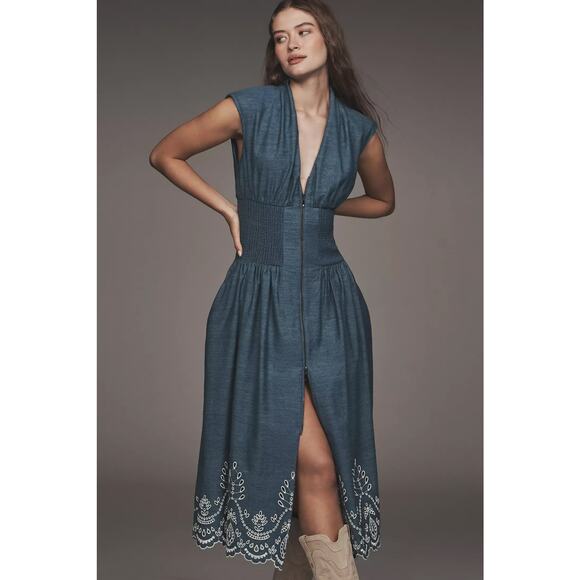 by ANTHROPOLOGIE sz L The Tommie cap sleeve zip dress eyelet edition in denim - Picture 2 of 5